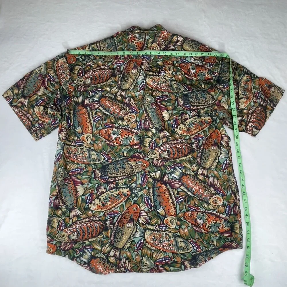 Banana Republic Safari Shirt Men XL Green All Over Fish Print Casual Button Down